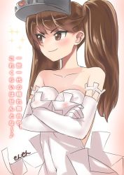 Rule 34 | &gt;:), 10s, 1girl, artist name, baozi, bare shoulders, blush, breast padding, bridal gauntlets, bride, brown eyes, brown hair, commentary request, dress, elbow gloves, female focus, flat chest, food, gloves, hat, heart, kantai collection, long hair, looking to the side, ryuujou (kancolle), sensen, simple background, smile, solo, sparkle, translation request, twintails, v-shaped eyebrows, visor cap, wedding dress, white dress, white gloves