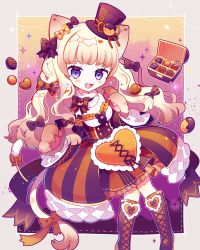 Rule 34 | 1girl, :d, animal ears, animal hands, blonde hair, blue eyes, boots, border, bow, bowtie, box, box of chocolates, brown bow, cat ears, cat tail, chocolate, commentary request, detached collar, dress, food, frilled dress, frills, fruit, full body, gloves, gradient background, hair bow, halloween, hands up, hat, heart, highres, knee boots, long hair, looking at viewer, mini hat, mini top hat, open mouth, orange (fruit), orange dress, orange slice, original, paw gloves, pink background, polka dot, polka dot bow, purple dress, purple footwear, saijo1201, signature, smile, sparkle, striped bow, striped bowtie, striped clothes, striped dress, tail, teeth, top hat, yellow background, yellow bow