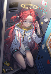Rule 34 | 1girl, al guang, barefoot, blue archive, blue eyes, blush, bow, braid, closed mouth, fingernails, forehead, full body, hair bow, halo, handheld game console, heart, highres, in locker, jacket, long hair, long sleeves, looking at viewer, nyan cat, red hair, solo, sticky note, white bow, white jacket, yellow halo, yuzu (blue archive)