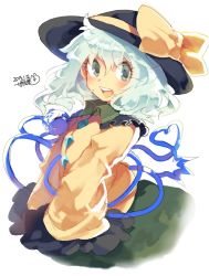 Rule 34 | 1girl, 2015, blush, dated, eyeball, frills, green eyes, green hair, hat, hat ribbon, heart, heart of string, iroyopon, komeiji koishi, long sleeves, looking at viewer, matching hair/eyes, open mouth, portrait, ribbon, round teeth, shirt, short hair, signature, simple background, sketch, skirt, smile, solo, string, teeth, third eye, touhou, veins, vest, white background, wide sleeves