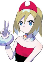 Rule 34 | 1girl, absurdres, bare shoulders, blonde hair, blue eyes, bracelet, closed mouth, collar, commentary request, creatures (company), game freak, hair between eyes, hairband, hand up, highres, irida (pokemon), jewelry, nintendo, pink hairband, pokemon, pokemon legends: arceus, shirt, short hair, simple background, solo, strapless, strapless shirt, upper body, w, white background, yanagi (soke yanagi)
