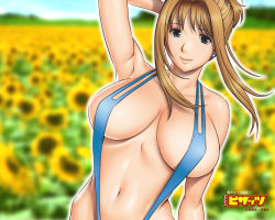 Rule 34 | 1girl, action pizazz, armpits, blue eyes, breasts, brown hair, cleavage, flower, large breasts, official art, official wallpaper, saigado, slingshot swimsuit, solo, sunflower, swimsuit, wallpaper