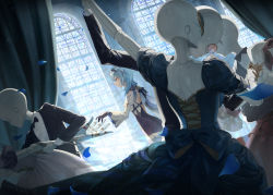 Rule 34 | 4boys, 4girls, backless outfit, bare back, black bow, black bowtie, black dress, black jacket, blue hair, blue petals, bow, bowtie, butterfly hair ornament, commentary, cowboy shot, curtains, dancing, dress, dutch angle, eula (genshin impact), formal, genshin impact, hair ornament, hairband, highres, indoors, jacket, light blue hair, long sleeves, mannequin, monocle, multiple boys, multiple girls, outstretched hand, petals, purple eyes, serious, shirt, short hair, someaka, stained glass, suit, thighhighs, white dress, white shirt
