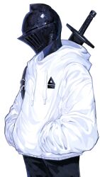 Rule 34 | 1other, anachronism, armor, black armor, black pants, drawstring, hands in pockets, helmet, highres, hood, hood down, hoodie, knight, long sleeves, nameno92372763, original, pants, simple background, sword, weapon, white background, white hoodie