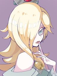 Rule 34 | 1girl, bare shoulders, blonde hair, blue eyes, brooch, crown, dress, finger to mouth, hair over one eye, highres, jewelry, licker610, long fingers, looking at viewer, mario (series), nail polish, nintendo, parted lips, purple background, purple nails, red lips, rosalina, solo, super mario galaxy, upper body