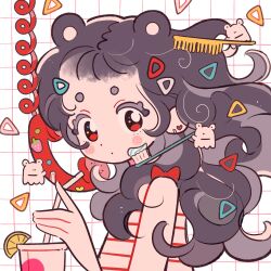 Rule 34 | 1girl, animal ears, bear ears, blush stickers, bow, brown hair, closed mouth, comb, corded phone, creature, cup, curly hair, disposable cup, dolman (dm), dot mouth, dot nose, drinking straw, earrings, food, forehead, from side, fruit, grid background, hand up, heart, heart earrings, highres, hikimayu, jewelry, lemon, lemon slice, long hair, looking at viewer, original, phone, portrait, red bow, red eyes, red shirt, shirt, short bangs, sleeveless, sleeveless shirt, solo, sticker, striped clothes, striped shirt, toothbrush, toothpaste, triangle hair ornament, turning head