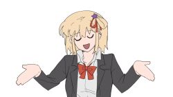 Rule 34 | 1girl, black jacket, blonde hair, bright pupils, chinese commentary, closed eyes, collared shirt, commentary request, earclip, hair ornament, hair ribbon, hands up, highres, jacket, long sleeves, lycoris recoil, medium hair, nishikigi chisato, one side up, open clothes, open jacket, open mouth, red ribbon, ribbon, school uniform, shirt, shrugging, simple background, solo, star (symbol), star hair ornament, upper body, white background, white pupils, white shirt, yanlingjinshilihuahua