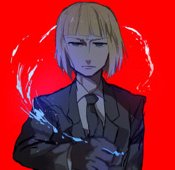 Rule 34 | 1boy, black gloves, blonde hair, blue eyes, blue fire, cornelius alba, crossover, fate/zero, fate (series), fire, formal, gloves, harara, kara no kyoukai, male focus, red background, short hair, simple background, solo, suit