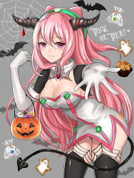 Rule 34 | 10s, 1girl, adapted costume, bad id, bad pixiv id, breasts, cleavage, gloves, hacka doll, hacka doll 2, halloween, horns, jack-o&#039;-lantern, large breasts, long hair, looking at viewer, open mouth, pink eyes, pink hair, pumpkin, smile, solo, thighhighs, trick or treat, uanuan