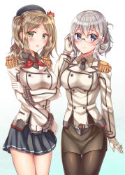 Rule 34 | 2girls, absurdres, alternate costume, alternate hairstyle, beret, black legwear, blue eyes, blush, breasts, brown hair, commentary request, cosplay, costume switch, unworn eyewear, glasses, gloves, green eyes, hairstyle switch, hat, highres, holding, holding removed eyewear, kantai collection, kashima (kancolle), kashima (kancolle) (cosplay), katori (kancolle), katori (kancolle) (cosplay), large breasts, long hair, long sleeves, look-alike, looking at viewer, miniskirt, multiple girls, necktie, open mouth, pantyhose, pleated skirt, silver hair, skirt, smile, thighhighs, twintails, white background, white gloves, zhou yu (ppaaqz1995)