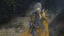 Rule 34 | 1girl, armor, breastplate, brick wall, cape, dual wielding, faulds, gauntlets, grey hair, hair between eyes, holding, holding sword, holding weapon, long hair, looking at viewer, original, pelvic curtain, plate armor, shoulder armor, solo, sword, unsheathed, wall, weapon, wind, wind lift, xinuo223, yellow eyes
