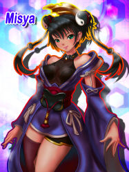 Rule 34 | 1girl, ar tonelico, ar tonelico i, bare shoulders, black hair, boken fantasy, braid, breasts, cleavage, detached sleeves, female focus, green eyes, gust, hair ornament, highres, japanese clothes, long hair, misha arsellec lune, see-through, single thighhigh, smile, solo, thighhighs, twin braids, yin yang