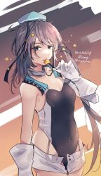 Rule 34 | aqua hat, black one-piece swimsuit, black ribbon, candy, character name, competition swimsuit, cowboy shot, dated, food, garrison cap, gloves, gradient background, grey eyes, grey hair, hair ornament, hair ribbon, hat, highleg, highleg swimsuit, highres, kantai collection, lollipop, long hair, one-hour drawing challenge, one-piece swimsuit, ribbon, scamp (kancolle), short shorts, shorts, side ponytail, star (symbol), star hair ornament, swimsuit, twitter username, u yuz xx, white gloves, white shorts
