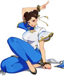 Rule 34 | 1girl, absurdres, arm up, black footwear, black hair, blue leggings, bracelet, breasts, brown eyes, capcom, chest cutout, china dress, chinese clothes, chun-li, closed mouth, commentary, double bun, dress, earrings, eyeliner, flats, full body, hair bun, hair ribbon, high collar, highres, jewelry, l4wless, large breasts, leggings, legs, looking at viewer, makeup, pearl earrings, red lips, red nails, ribbon, short sleeves, solo, street fighter, street fighter 6, swept bangs, toe cleavage, v, white background, yellow ribbon