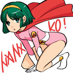 Rule 34 | 1girl, boots, cape, full body, green eyes, green hair, hairband, hoshino lily, leotard, matching hair/eyes, nanako (nanako sos), nanako sos, short hair, simple background, solo
