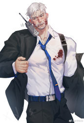 Rule 34 | 1boy, bara, beard, belt, black pants, black suit, blood, blood on clothes, blood on face, blue belt, blue necktie, calling, check copyright, chinese commentary, cigarette, copyright request, cowboy shot, cradling phone, facial hair, formal, highres, loose necktie, male focus, mature male, muscular, muscular male, mustache, necktie, original, pants, pectorals, salaryman, scar, scar on face, scar on nose, short hair, solo, suit, talking on phone, thick eyebrows, undressing, white background, white hair, xiedaifenshi (7329016845)