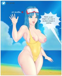 Rule 34 | 1girl, absurdres, artist request, bare shoulders, beach, blue eyes, blue hair, blue sky, bouncing breasts, breasts, cameltoe, casual one-piece swimsuit, cleavage, curvy, derivative work, diving mask, diving mask on head, dragon ball, dragonball z, english text, goggles, goggles on head, gradient background, highleg, highleg swimsuit, highres, long hair, looking at another, looking at viewer, maron (dragon ball), maron redraw challenge (meme), meme, meme attire, nipples, one-piece swimsuit, one breast out, salute, screenshot redraw, shiny skin, skindentation, sky, smile, swimsuit, water, wide hips, yellow one-piece swimsuit