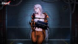 Rule 34 | 1girl, against wall, bound, bound arms, breasts, chain, character name, cleavage, copyright name, cowboy shot, gradient skin, height mark, highres, indoors, jacket, large breasts, logo, long hair, looking at viewer, looking to the side, mugshot, ninety-nine (path to nowhere), official art, official wallpaper, open clothes, open jacket, orange jacket, orange pants, pants, path to nowhere, prison cell, prison clothes, profile, red eyes, sign, solo, stomach, straitjacket, strapless, tube top, turning head, white hair, white tube top
