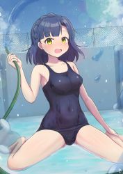 Rule 34 | 1girl, absurdres, black one-piece swimsuit, blue hair, blue sky, braid, breasts, chain-link fence, cloud, commentary request, empty pool, fence, highres, hose, idolmaster, idolmaster million live!, kuragezakana, looking at viewer, medium breasts, nanao yuriko, old school swimsuit, one-piece swimsuit, pool, school swimsuit, school uniform, short hair, sitting, sky, solo, swimsuit, wariza, water, yellow eyes