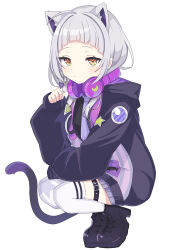 1girl ahoge animal_ears arm_rest black_footwear black_jacket blunt_bangs braid cat_ears cat_tail closed_mouth eyelashes from_side full_body grey_hair grey_skirt hair_over_shoulder hand_up headphones headphones_around_neck hololive hood hood_down hooded_jacket ichipon1515 jacket light_blush long_hair long_sleeves looking_at_viewer low_twintails miniskirt murasaki_shion necktie paw_pose plaid_clothes plaid_skirt pleated_skirt purple_headphones purple_necktie shoes side_braid simple_background skirt sleeves_past_wrists solo tail tail_raised thighhighs twintails virtual_youtuber white_background white_thighhighs yellow_eyes