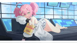 Rule 34 | 1girl, :3, ahoge, barefoot, blue archive, blue neckwear, border, chips (food), day, deatheach, dress, food, grey eyes, hair between eyes, hair ornament, highres, holding, holding food, indoors, jacket, lying, momoka (blue archive), monitor, off shoulder, pink hair, potato chips, short twintails, solo, twintails, white border, white dress, white jacket, window