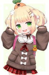 Rule 34 | 1girl, :d, absurdres, aged down, blonde hair, blush, brown sweater, cocozasa, commentary request, cowboy shot, flower, green eyes, hair flower, hair ornament, hairclip, hands up, highres, hololive, long sleeves, looking at viewer, momosuzu nene, momosuzu nene (casual), neckerchief, nekko (momosuzu nene), open mouth, plaid, plaid skirt, red neckerchief, red skirt, short hair, simple background, skirt, sleeves past fingers, sleeves past wrists, smile, solo, standing, sweater, teeth, upper teeth only, virtual youtuber, white flower