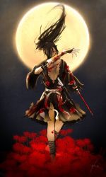 Rule 34 | 1boy, absurdres, artist request, bandaged arm, bandaged leg, bandages, black hair, blood, blood on clothes, blood on face, blood splatter, dororo (tezuka), flower, full moon, hair over one eye, highres, hyakkimaru (dororo), japanese clothes, katana, male focus, moon, ponytail, prosthesis, red eyes, spider lily, sword, tagme, weapon