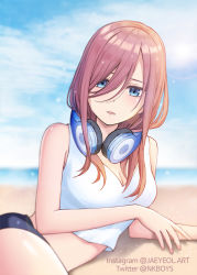 Rule 34 | 1girl, bare arms, bare shoulders, blue eyes, blue sky, blush, breasts, cleavage, go-toubun no hanayome, hair between eyes, headphones, looking at viewer, lying, nakano miku, nkboys2012, ocean, on side, open mouth, outdoors, sidelocks, sky, stomach, swimsuit, tank top, white tank top
