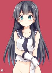 Rule 34 | 10s, 1girl, agano (kancolle), akane souichi, bare shoulders, black hair, blunt bangs, blush, bottomless, gloves, green eyes, hand on own arm, kantai collection, long hair, looking at viewer, navel, necktie, out-of-frame censoring, red background, sailor collar, school uniform, serafuku, shirt, simple background, sleeveless, sleeveless shirt, solo, sweat, wavy mouth, white gloves