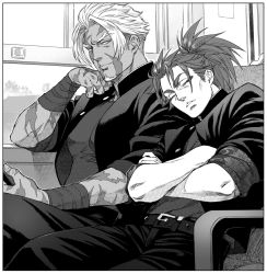 Rule 34 | 2boys, alternate costume, belt, beowulf (fate), black pants, bus, couple, crossed arms, fate/grand order, fate (series), gakuran, greyscale, head on another&#039;s shoulder, li shuwen (fate), li shuwen (young) (fate), light smile, long hair, looking at another, male focus, monochrome, motor vehicle, multiple boys, muscular, pants, parted bangs, pectorals, ponytail, renga2250, scar, school uniform, short hair, sleeping, sleeping on person, sleeping upright, spiked hair