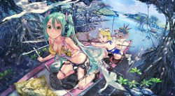 Rule 34 | 1boy, 2girls, aqua eyes, aqua hair, armband, arms behind head, bag, bikini, bikini under clothes, bird, black thighhighs, blonde hair, blue bikini, blue eyes, boat, breasts, camera, cleavage, cloud, cloudy sky, collarbone, crane (animal), crocodile, crocodilian, cross-laced footwear, dan evan, day, feather hair ornament, feathers, fingerless gloves, gloves, goggles, goggles on head, green eyes, hair between eyes, hair ornament, hatsune miku, headphones, highres, holding, holding camera, holding weapon, jewelry, kagamine len, kagamine rin, kneeling, long hair, looking at viewer, mangrove, map, medium breasts, motor vehicle, multiple girls, navel, necklace, open mouth, outdoors, perspective, polearm, short hair, short shorts, shorts, sitting, sky, smile, snorkel, sparkle, spear, squatting, swept bangs, swimsuit, swimsuit under clothes, thighhighs, tree, truck, turtle, twintails, vehicle, very long hair, vocaloid, water, watercraft, weapon, wetland