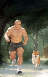 Rule 34 | 1boy, animal, artist name, bald, black shorts, closed eyes, day, dog, exercising, facial hair, glasses, highres, large pectorals, male focus, muscular, muscular male, navel, nipples, open mouth, original, outdoors, pectorals, pet walking, running, shorts, smile, stubble, thick eyebrows, thick thighs, thighs, tian (youtiange), topless male, youtian (youtiange)