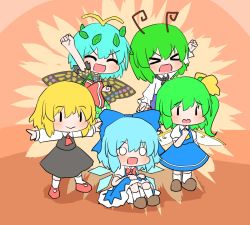 Rule 34 | 5girls, :&gt;, antennae, aqua hair, arm up, ascot, black skirt, black vest, blonde hair, blue bow, blue dress, blue hair, blush, bow, brown footwear, butterfly wings, cirno, closed eyes, collared shirt, coruthi, daiyousei, detached wings, dress, eternity larva, fairy, fairy wings, green dress, green hair, hair between eyes, hair bow, hair ribbon, ice, ice wings, insect wings, leaf, leaf on head, long hair, multicolored clothes, multicolored dress, multiple girls, o o, open mouth, outstretched arms, red ascot, red footwear, red ribbon, ribbon, rumia, shirt, shoes, short hair, short sleeves, side ponytail, single strap, skirt, smile, solid oval eyes, spread arms, touhou, vest, white shirt, wings, wriggle nightbug