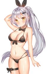 Rule 34 | 1girl, ame sagari, arm up, bare arms, bare shoulders, bikini, black bikini, black bow, black bowtie, blush, bow, bowtie, breasts, brown eyes, cameltoe, cleavage, closed mouth, collarbone, cowboy shot, five-seven (cruise queen) (girls&#039; frontline), five-seven (girls&#039; frontline), floating hair, front-tie bikini top, front-tie top, girls&#039; frontline, hair ornament, hair ribbon, hairclip, halterneck, highres, large breasts, long hair, looking at viewer, navel, official alternate costume, ponytail, ribbon, sidelocks, silver hair, simple background, smile, solo, standing, swimsuit, thigh strap, thighs, very long hair, white background, yellow eyes