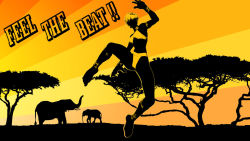 Rule 34 | 1girl, africa, capcom, capoeira, dancing, elena (street fighter), elephant, kicking, knees, legs, silhouette, solo, street fighter, street fighter iii (series), sunset, tree, tribal