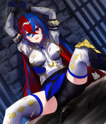 Rule 34 | 1girl, akira miku ver, alear (female) (fire emblem), alear (fire emblem), armor, bike shorts, blue eyes, blue hair, blush, breasts, broken armor, chain, chained, chained wrists, commentary, crossed bangs, fire emblem, fire emblem engage, gloves, gluteal fold, heterochromia, highres, long hair, looking at viewer, medium breasts, multicolored hair, nintendo, red eyes, red hair, restrained, scratches, shorts, shorts under skirt, skirt, solo, split-color hair, thighs, tiara, torn clothes, two-tone hair, very long hair
