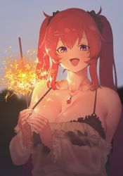 Rule 34 | 1girl, absurdres, black bra, blurry, blurry background, blush, bra, breasts, cleavage, collarbone, fang, fireworks, frilled bra, frilled shirt collar, frills, gem, highres, holding, holding fireworks, jewelry, large breasts, last origin, looking at viewer, may of doom, necklace, off-shoulder shirt, off shoulder, outdoors, red eyes, red hair, see-through, see-through shirt, shade of trees, shirt, skin fang, smile, solo, sparkler, twintails, underwear, upper body, white shirt