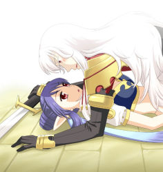 Rule 34 | 00s, 1boy, 1girl, blue hair, blush, breasts, coat, duke pantarei, elbow gloves, gloves, judith (tales), long hair, midriff, open mouth, pointy ears, red eyes, sword, tales of (series), tales of vesperia, weapon, white hair