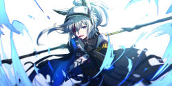 Rule 34 | 1girl, absurdres, animal ears, arknights, armband, blood, blood from mouth, blood in hair, blood on face, blue gloves, chinese commentary, commentary request, female focus, gloves, grani (arknights), grey hair, hand up, highres, holding, holding polearm, holding spear, holding weapon, horse ears, jacket, long hair, looking at viewer, one eye closed, polearm, purple eyes, simple background, solo, spear, upper body, visor cap, weapon, white background, yumuto (spring1786)