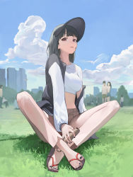 Rule 34 | 1girl, absurdres, black hair, black headwear, black jacket, black nails, blue sky, breasts, brown eyes, brown pants, cityscape, crop top, day, facial mark, full body, highres, holding, jacket, long hair, long sleeves, looking at viewer, mac star, medium breasts, midriff, nail polish, on ground, open clothes, open jacket, original, outdoors, pants, parted lips, people, shirt, sky, smile, solo focus, star (symbol), toenail polish, toenails, visor cap, white shirt