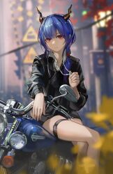 Rule 34 | 1girl, absurdres, arknights, black jacket, black shorts, blue hair, blurry, casual, ch&#039;en (arknights), closed mouth, day, depth of field, dragon horns, feet out of frame, hair over shoulder, highres, horns, jacket, jewelry, long hair, long sleeves, looking at viewer, low ponytail, motor vehicle, motorcycle, necklace, outdoors, red eyes, shijiubashuazi, shorts, sitting, solo, thigh strap