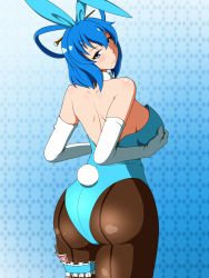 Rule 34 | 1girl, animal ears, ass, back, backless outfit, bare shoulders, blue eyes, blue hair, blush, grabbing another&#039;s breast, breasts, come hither, elbow gloves, fake animal ears, female focus, fishnet pantyhose, fishnets, from behind, gloves, grabbing, gradient background, hair ornament, hair rings, hair stick, highres, kaku seiga, lactone, large breasts, leotard, looking at viewer, looking back, matching hair/eyes, naughty face, pantyhose, playboy bunny, rabbit ears, rabbit tail, shiny clothes, shiny skin, short hair, sideboob, smile, solo, tail, thigh strap, touhou