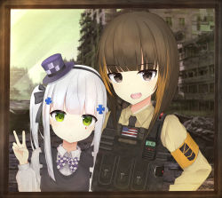 Rule 34 | 2girls, absurdres, aged down, american flag, armband, artist request, brown eyes, brown hair, building, bulletproof vest, child, girls&#039; frontline, green eyes, hat, highres, hk416 (black kitty&#039;s gift) (girls&#039; frontline), hk416 (girls&#039; frontline), jacket, m16a1 (girls&#039; frontline), military jacket, multiple girls, no eyepatch, official alternate costume, photo (object), radio, silver hair, tactical clothes, top hat, v