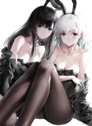 Rule 34 | 2girls, animal ears, ass, bare shoulders, black hair, black jacket, black leotard, blue eyes, blue nails, breasts, brown legwear, rabbit ears, cleavage, collarbone, fake animal ears, hairband, haori io, highres, jacket, knees up, large breasts, leotard, long hair, looking at viewer, multiple girls, nail polish, off shoulder, open clothes, open jacket, original, pantyhose, parted lips, playboy bunny, red eyes, red nails, sidelocks, simple background, sitting, white background, white hair