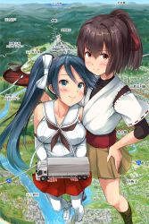 Rule 34 | 10s, 2girls, blue hair, blush, brown eyes, brown hair, commentary, giant, giantess, green eyes, highres, huge giantess, ichikawa feesu, ise (kancolle), isuzu (kancolle), isuzu motors, japanese clothes, kantai collection, long hair, map, motor vehicle, multiple girls, name connection, nontraditional miko, ponytail, revision, river, school uniform, serafuku, short hair, smile, spoon, standing, translated, tray, truck, twintails