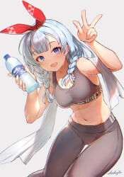 Rule 34 | 1girl, alternate costume, arm up, armpits, arpeggio kaga, bare arms, bare shoulders, black pants, black shirt, blue eyes, bottle, braid, breasts, crop top, hair over shoulder, hair ribbon, hand up, highres, holding, holding bottle, indie virtual youtuber, kanzaki mikoto (vtuber), leggings, long hair, looking at viewer, medium breasts, midriff, navel, open mouth, pants, revision, ribbon, shirt, simple background, sleeveless, sleeveless shirt, smile, solo, sports bra, stomach, sweat, towel, twin braids, v, virtual youtuber, water bottle, white background, white hair