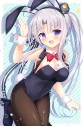 Rule 34 | 10s, 1girl, ahoge, akitsushima (kancolle), alternate costume, anchor, animal ears, arm up, bare shoulders, between breasts, black footwear, blush, bow, bowtie, breasts, rabbit ears, rabbit tail, card, card between breasts, cleavage, detached collar, fake animal ears, hair ornament, hair ribbon, hat, high heels, kantai collection, large breasts, leotard, long hair, looking at viewer, mini hat, open mouth, pantyhose, playboy bunny, playing card, purple eyes, purple hair, ribbon, shoes, side ponytail, silhouette, silver hair, solo, standing, star (symbol), striped, striped background, tail, tomoo (tomo), wrist cuffs