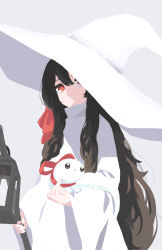 Rule 34 | 1girl, black hair, borrowed character, commentary, creature on hand, dress, english commentary, gregor (tsurunoka), grey background, hair ribbon, hat, highres, holding, lead white (tsurunoka), long hair, long sleeves, looking at viewer, mobcap, original, red eyes, red ribbon, ribbon, simple background, solo, very long hair, white dress, white hat, wide sleeves, witch, witch hat