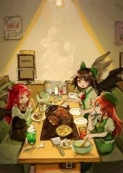 Rule 34 | 3girls, :o, :q, beret, bird wings, black bow, black skirt, black vest, bow, braid, brown hair, chopsticks, collared shirt, commentary, cup, demon wings, dress, eating, english text, food, green bow, green dress, green eyes, green headwear, hair bow, hat, holding, holding plate, hong meiling, koakuma, light bulb, looking at another, multiple girls, okonomiyaki, one-hour drawing challenge, piyo (sqn2idm751), plate, poster (object), puffy short sleeves, puffy sleeves, red eyes, red hair, reiuji utsuho, restaurant, shirt, short sleeves, skirt, smoke, table, third eye, tongue, tongue out, touhou, tray, vest, white shirt, wings
