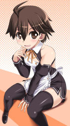 Rule 34 | 1girl, :d, ahoge, apron, bare shoulders, between legs, black thighhighs, breasts, brown eyes, brown hair, detached sleeves, dream c club, dream c club (series), finger to mouth, halftone, halftone background, hand between legs, looking at viewer, nao (dream c club), open mouth, ribbon, short hair, simple background, sitting, small breasts, smile, solo, thighhighs, tonpuu, uniform, waitress, white background, zettai ryouiki